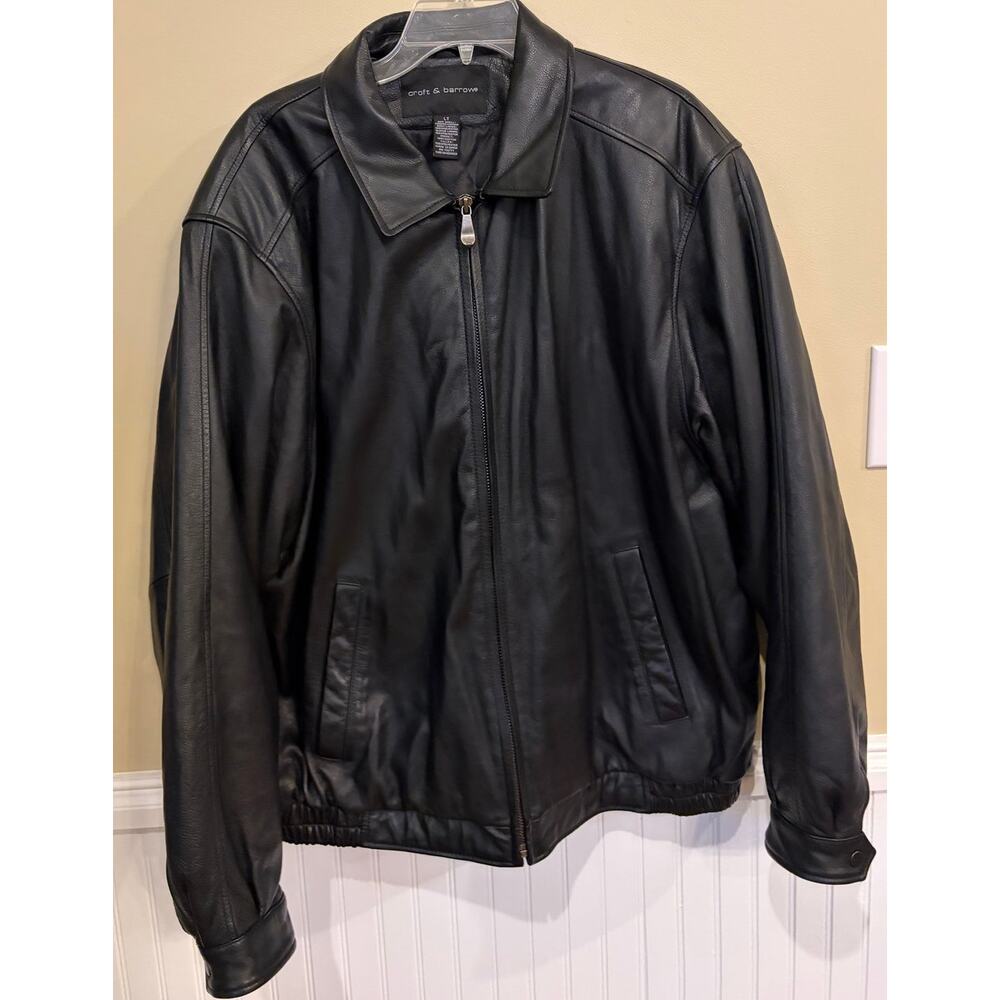 Croft Barrow Bomber Jacket Black‎ Leather Collared Zip Lined  Quilted LT Tall